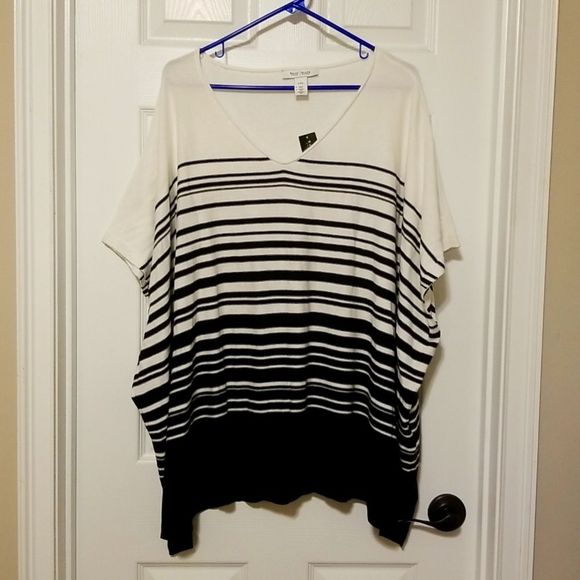 White House Black Market Sweaters - White House Black Market black and white stripe short sleeve poncho, size L/XL